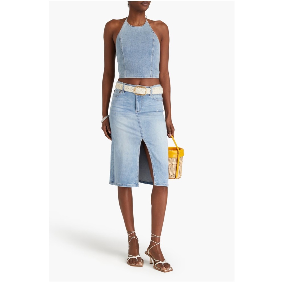 Alice + Olivia Jeans Distressed Faded Denim Skirt Size 26 Knee Length Pencil Y2K